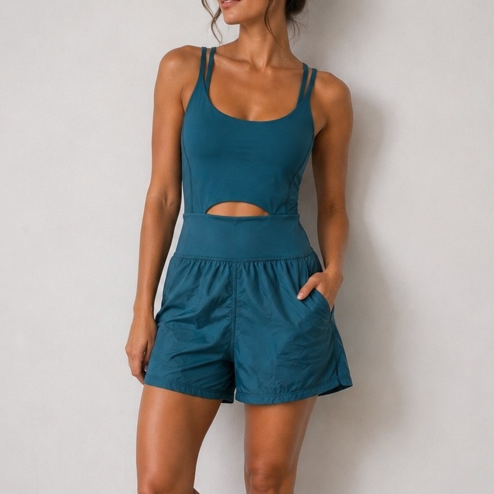 Free People Righteous Runsie XL Teal Cutout Active Romper Athletic One‎ Piece